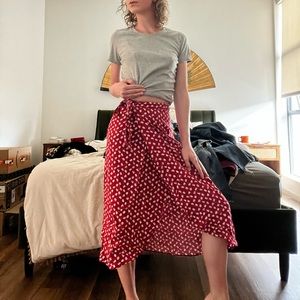 Red floral midi wrap skirt